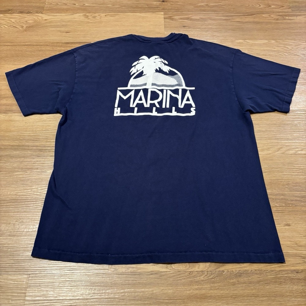 Vintage 90s Marina Hills Graphic Tee XL Single Stitch Navy Hanes Heavyweight
